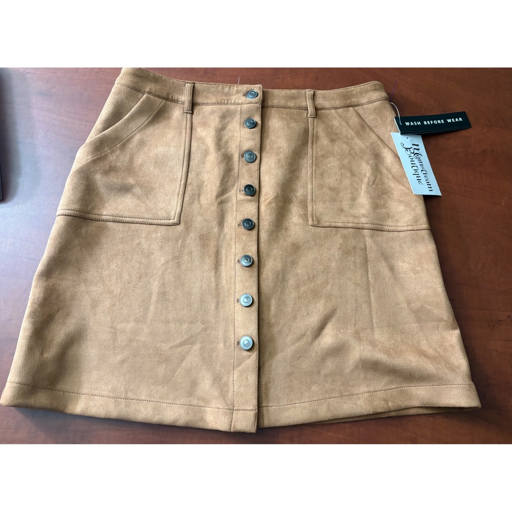 Mainstream Boutique Shawne Faux Suede A-Line Snap Front Skirt Tan Camel Size 10